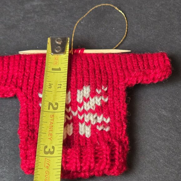 Mini Red Knit Christmas Sweater Ornament With Needles Nordic Snowflake 3" - Picture 4 of 5